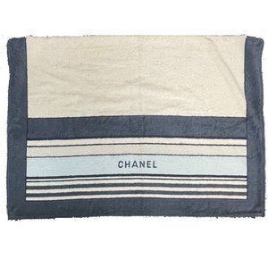 CHANEL border bath towel Beach towel towel cotton Ivory x Blue Based